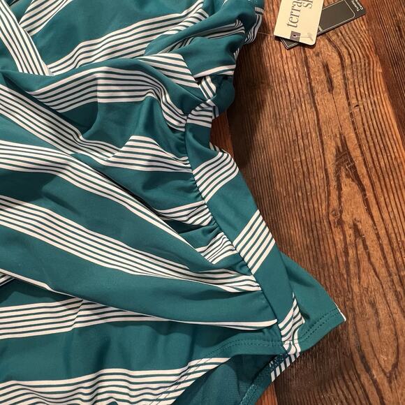 New One Piece Bathing Suit Size 3X Terra & Sky Teal Green Stripe Tummy Control - Picture 12 of 13